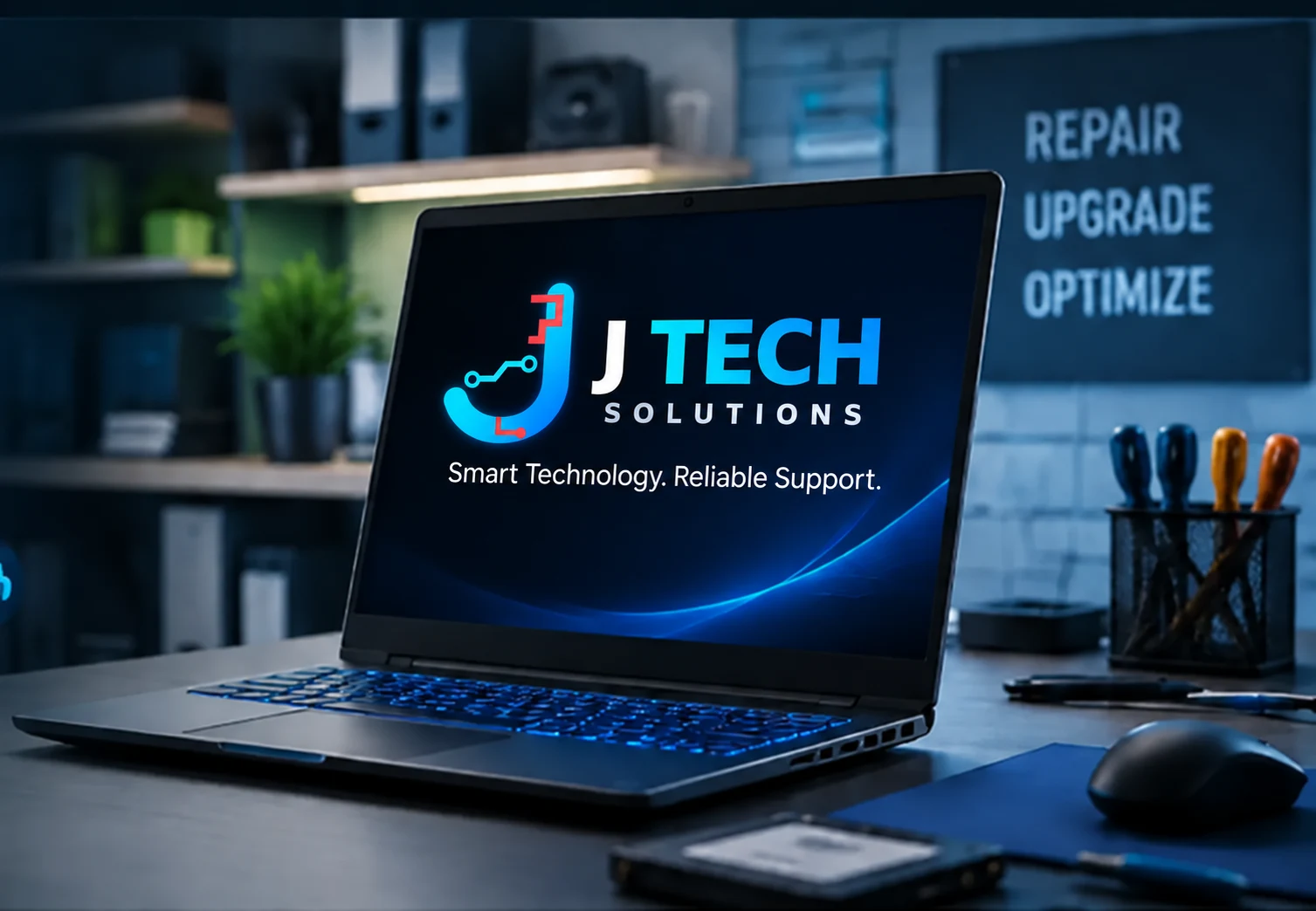 J Tech Solutions displayed on a modern laptop in a professional repair workspace